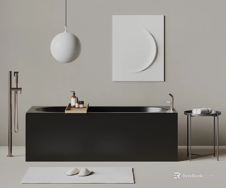 Modern Minimalist Bathroom With Black Bathtub Pendant Light And Art 3d model 