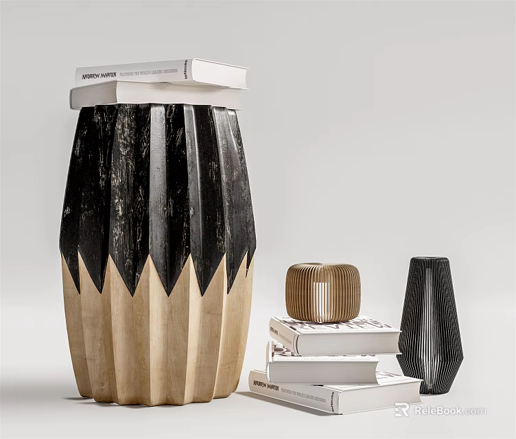 Black And Beige Wooden Stool With Unique Striped Design And Stack Of Books Nearby 3d model 