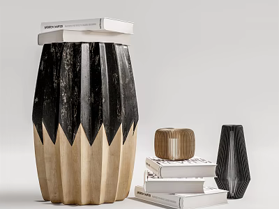 Black And Beige Wooden Stool With Unique Striped Design And Stack Of Books Nearby 3d model