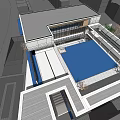 Modern Sales Office Building with Glass Facade Open Courtyard and Water Features