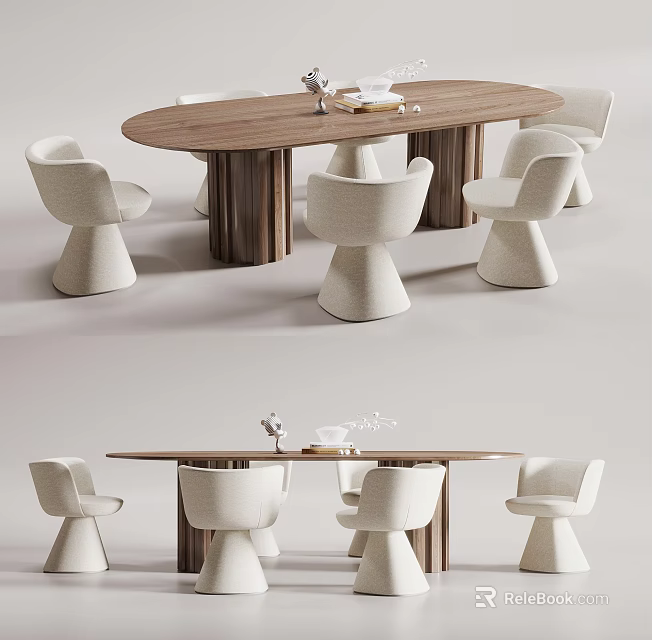 Modern Wooden Oval Dining Table Set With White Conical Chairs And Minimalist Design 3d model 