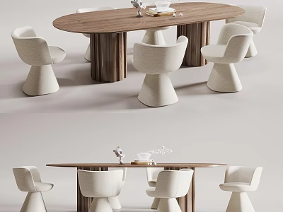 Modern Wooden Oval Dining Table Set With White Conical Chairs And Minimalist Design 3d model