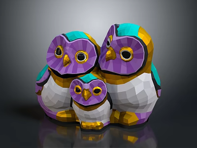 Low Poly Style Owl Family Group With Purple Green Yellow Colors 3d model
