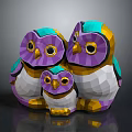 Low Poly Style Owl Family Group With Purple Green Yellow Colors