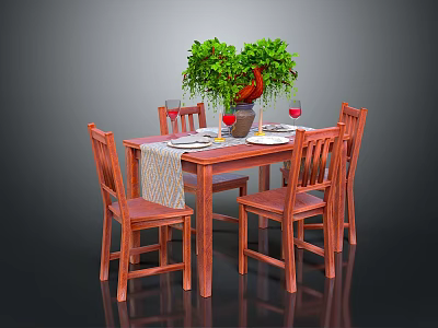 Wooden Dining Table With Four Chairs Green Plant Red Wine Glasses Tableware And Tablecloth 3d model