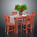 Wooden Dining Table With Four Chairs Green Plant Red Wine Glasses Tableware And Tablecloth