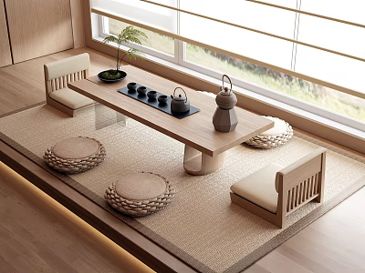 Tea Table and Chairs in Japanese Style with Natural Sunlight Potted Plant and Tea Set 3d model