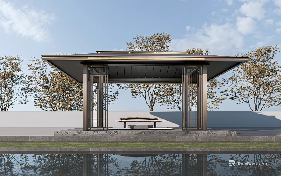 Modern Pavilion Design With Water Pond Trees Columns And Wooden Bench 3d model 