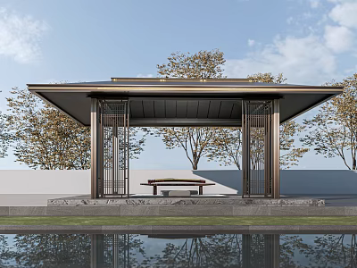 Modern Pavilion Design With Water Pond Trees Columns And Wooden Bench 3d model