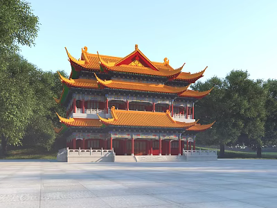 Ancient Chinese Architecture Three Story Golden Roof Pavilion with Intricate Carvings Surrounded by Trees 3d model