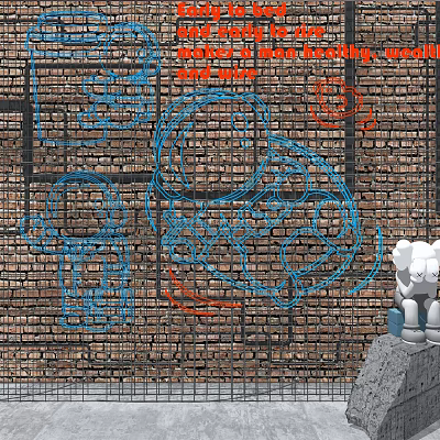 Artistic Modern Decorative Lights on Brick Wall with Blue and Orange Lines and White Figurine 3d model
