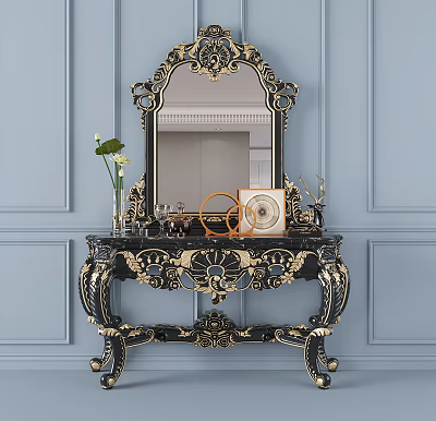 Ornate Black Gold Carved Dressing Table With Decorative Mirror And Vase On Blue Wall 3d model