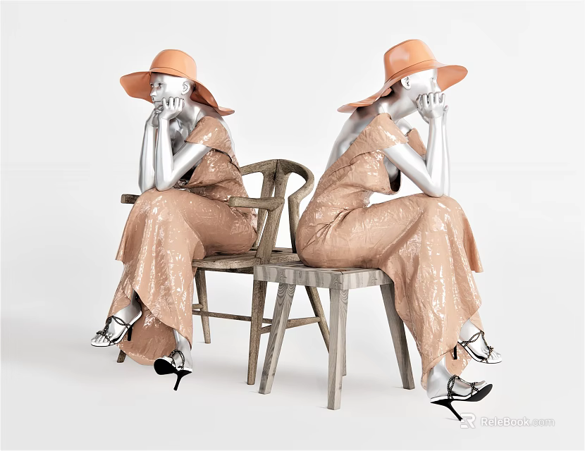 Fashion Models Wearing Orange Hats And Shiny Dresses Sitting On Chairs 3d model 