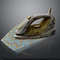 White Iron With Red Details On Blue Ironing Board With Floral Pattern