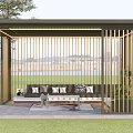 Modern Outdoor Pergola With Vertical Slat Design Sofa Coffee Table And Lake View Setting