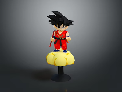 Black Haired Anime Character In Red Outfit Holding Red Staff On Yellow Cloud Creature Base 3d model