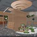 Indoor Green Decor Space With Wooden Display Shelves Plant Wall Round Ceiling And Good Day Sign