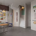 Modern Cafe Interior With Red Door Windows Brick Wall Posters And Blue Chairs