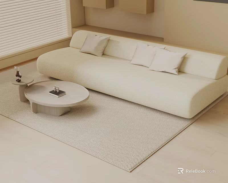 Beige Three Seater Sofa With White Cushions On Light Colored Rug In Modern Living Room 3d model 