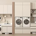 Modern Laundry Room Interior With Washing Machines Dryers Cabinets And Shelves