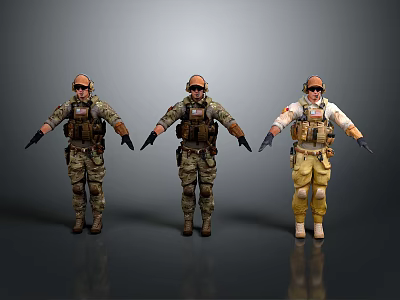 Three Tactical Military Figures In Different Uniforms With Protective Goggles And Vests 3d model
