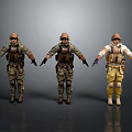 Three Tactical Military Figures In Different Uniforms With Protective Goggles And Vests