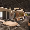 Universal Café Interior With Black Ceiling Wooden Wall Green Plants Tables And Chairs