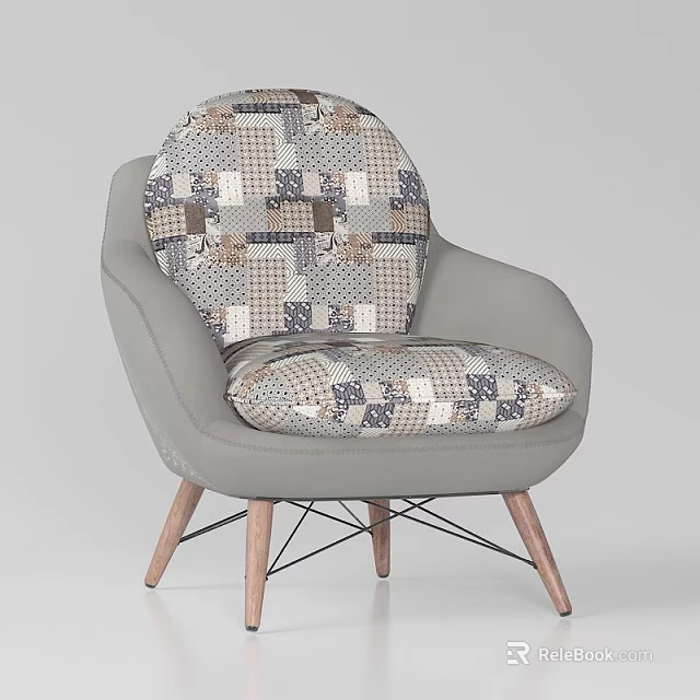 Stylish Single Chair With Patchwork Pattern Light Gray Frame And Wooden Legs 3d model 