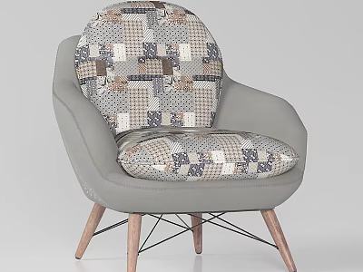 Stylish Single Chair With Patchwork Pattern Light Gray Frame And Wooden Legs 3d model