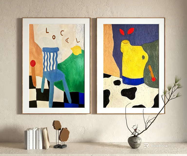 Abstract Wall Paintings With Blue Chair Yellow Vase And Interior Decor Elements 3d model