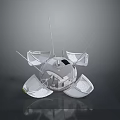 Silver Spherical Technological Device With Multiple Antennas Deployed Structures On Transparent Platform And Black Background 3d model
