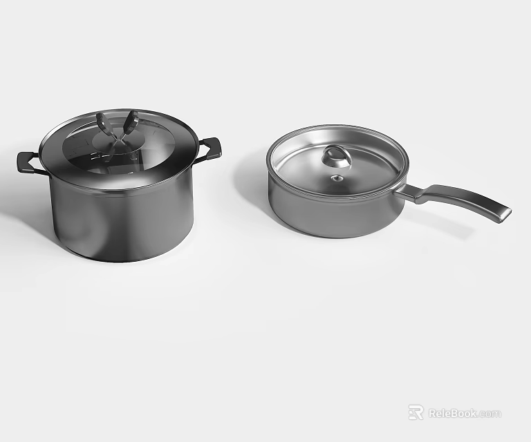 Stainless Steel Cookware Set Including Two Pots With Lids And Handles 3d model 