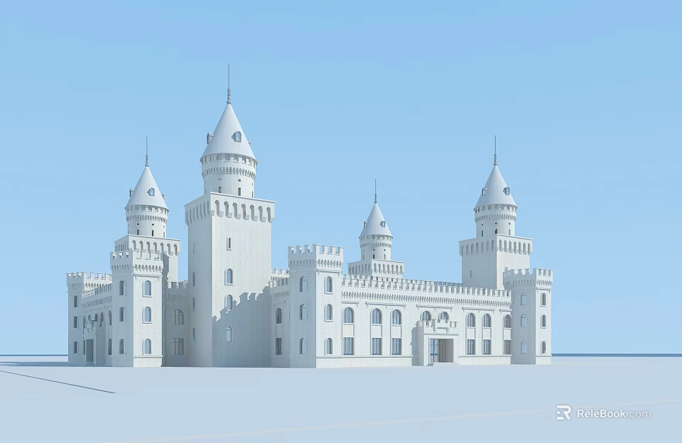 White Historic Castle With Multiple Spires Towers Arched Windows Symmetrical Design Against Clear Blue Sky 3d model 