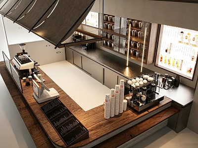Modern Wooden Coffee Shop Bar Counter With Professional Coffee Making Facilities And Storage Shelves 3d model