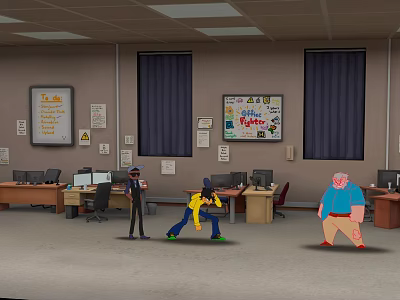 Busy Office Workspace With People Working Posters On Walls And Computer Desks 3d model