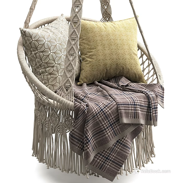 Woven Rattan Leisure Chair With Beige Patterned And Yellow Pillows And Plaid Blanket 3d model 