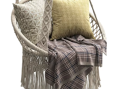 Woven Rattan Leisure Chair With Beige Patterned And Yellow Pillows And Plaid Blanket 3d model