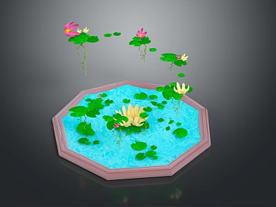 Pink and Yellow Lotus Flowers with Green Lily Pads in Octagonal Clear Water Pond 3d model