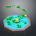 Pink and Yellow Lotus Flowers with Green Lily Pads in Octagonal Clear Water Pond