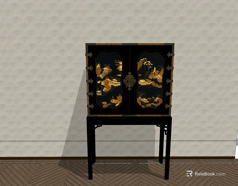 Modern Black Entryway Console Cabinet With Golden Decorative Patterns And Wooden Legs 3d model 