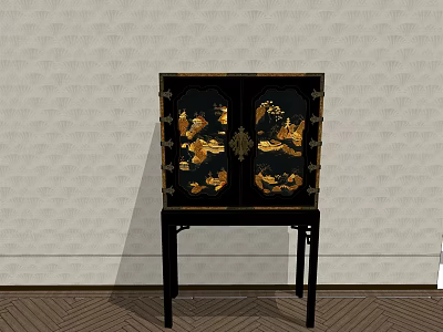 Modern Black Entryway Console Cabinet With Golden Decorative Patterns And Wooden Legs 3d model