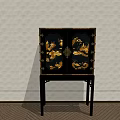 Modern Black Entryway Console Cabinet With Golden Decorative Patterns And Wooden Legs