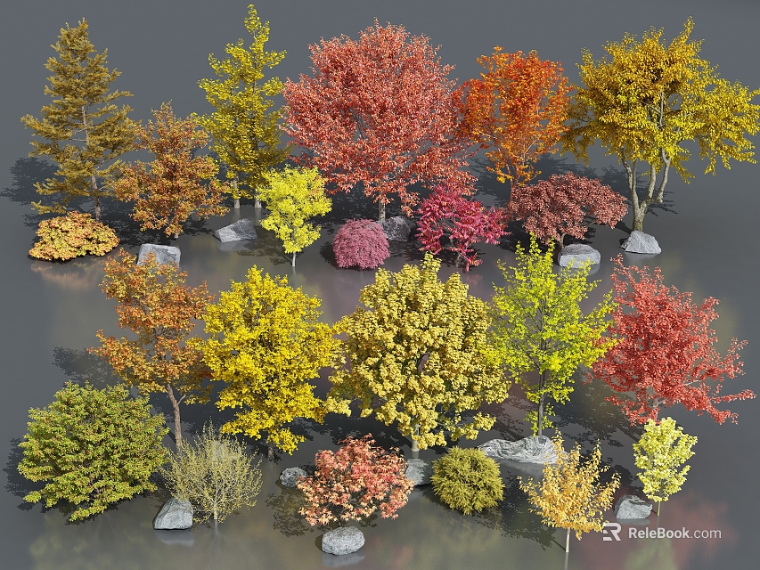 Diverse Colored Arbor Trees With Red Yellow Green Foliage And Decorative Stones 3d model 
