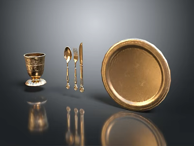 Elegant Gold Dinnerware Set Including Plate Cup Spoon Fork And Knife 3d model