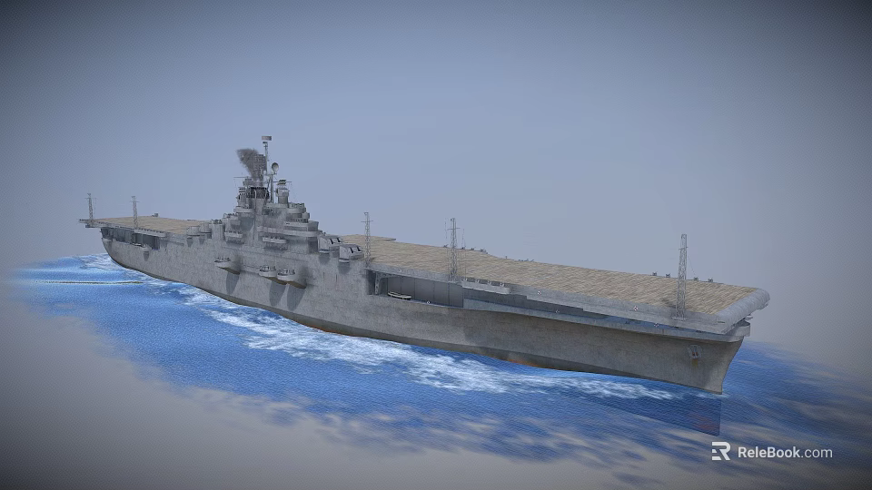 Warship Sailing on the Sea with Large Hull Deck and Superstructure in Blue Ocean Sky 3d model 