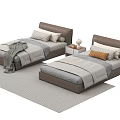 Two Single Beds with Brown Headboard Gray Bedding Pillows and Nightstand on Rug