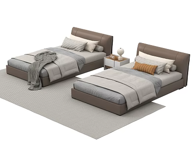Two Single Beds with Brown Headboard Gray Bedding Pillows and Nightstand on Rug 3d model