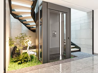 Modern Entrance Design With Glass Elevator Staircase Green Plants And Decorative Deer 3d model