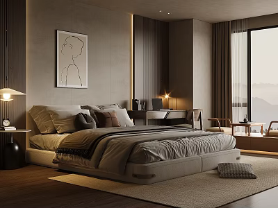 Modern Bedroom Interior With Cozy Bed Bedside Lamps Wall Art Window Curtains And Rug 3d model