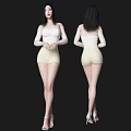 A Woman Wearing White Lace Top and Beige Shorts with High Heels Front Back Views